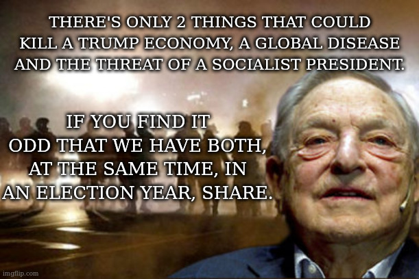 George Soros | THERE'S ONLY 2 THINGS THAT COULD KILL A TRUMP ECONOMY, A GLOBAL DISEASE AND THE THREAT OF A SOCIALIST PRESIDENT. IF YOU FIND IT ODD THAT WE HAVE BOTH, AT THE SAME TIME, IN AN ELECTION YEAR, SHARE. | image tagged in george soros | made w/ Imgflip meme maker
