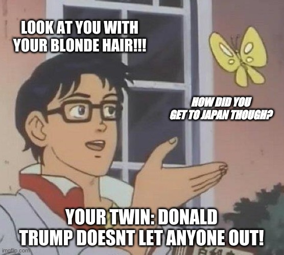 Is This A Pigeon | LOOK AT YOU WITH YOUR BLONDE HAIR!!! HOW DID YOU GET TO JAPAN THOUGH? YOUR TWIN: DONALD TRUMP DOESNT LET ANYONE OUT! | image tagged in memes,is this a pigeon | made w/ Imgflip meme maker