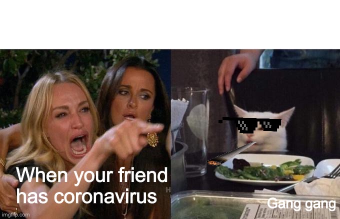 Woman Yelling At Cat Meme | When your friend has coronavirus; Gang gang | image tagged in memes,woman yelling at cat | made w/ Imgflip meme maker
