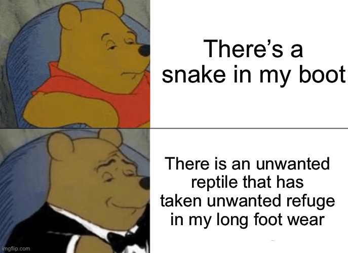 Tuxedo Winnie The Pooh | There’s a snake in my boot; There is an unwanted reptile that has taken unwanted refuge in my long foot wear | image tagged in memes,tuxedo winnie the pooh | made w/ Imgflip meme maker