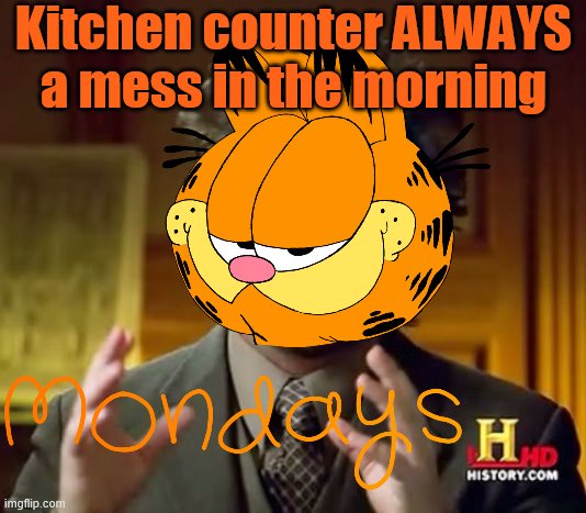 Kitchen counter is ALWAYS a mess in the morning | Kitchen counter ALWAYS a mess in the morning | image tagged in monday,monday mornings,garfield,ancient aliens guy,relatable,family | made w/ Imgflip meme maker
