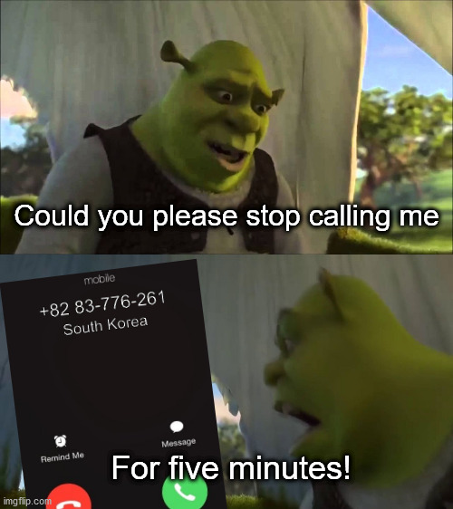 shrek five minutes | Could you please stop calling me; For five minutes! | image tagged in shrek five minutes | made w/ Imgflip meme maker