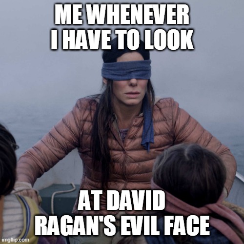 Bird Box Meme | ME WHENEVER I HAVE TO LOOK; AT DAVID RAGAN'S EVIL FACE | image tagged in memes,bird box | made w/ Imgflip meme maker