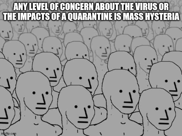 Npc crowd | ANY LEVEL OF CONCERN ABOUT THE VIRUS OR THE IMPACTS OF A QUARANTINE IS MASS HYSTERIA | image tagged in npc crowd | made w/ Imgflip meme maker