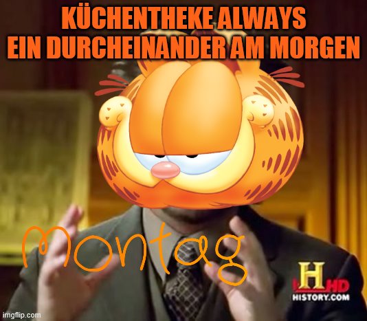 German translation | KÜCHENTHEKE ALWAYS EIN DURCHEINANDER AM MORGEN | image tagged in garfield | made w/ Imgflip meme maker