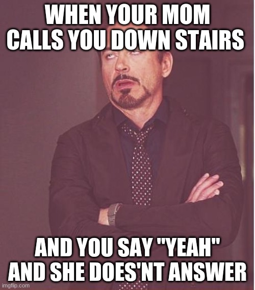 Face You Make Robert Downey Jr | WHEN YOUR MOM CALLS YOU DOWN STAIRS; AND YOU SAY "YEAH" AND SHE DOES'NT ANSWER | image tagged in memes,face you make robert downey jr | made w/ Imgflip meme maker