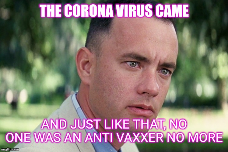 And Just Like That Meme | THE CORONA VIRUS CAME; AND JUST LIKE THAT, NO ONE WAS AN ANTI VAXXER NO MORE | image tagged in memes,and just like that | made w/ Imgflip meme maker