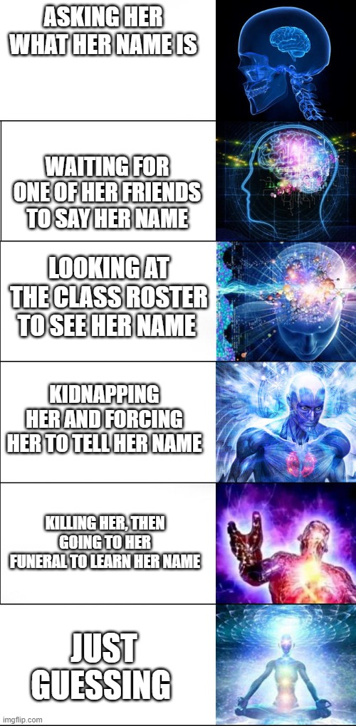 Expanding Brain Expanded | ASKING HER WHAT HER NAME IS; WAITING FOR ONE OF HER FRIENDS TO SAY HER NAME; LOOKING AT THE CLASS ROSTER TO SEE HER NAME; KIDNAPPING HER AND FORCING HER TO TELL HER NAME; KILLING HER, THEN GOING TO HER FUNERAL TO LEARN HER NAME; JUST GUESSING | image tagged in expanding brain expanded | made w/ Imgflip meme maker