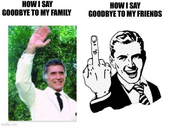 It true tho | HOW I SAY GOODBYE TO MY FAMILY; HOW I SAY GOODBYE TO MY FRIENDS | image tagged in blank white template,friends,family,waving,middle finger | made w/ Imgflip meme maker
