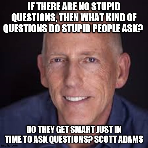 Scott Adams quote | IF THERE ARE NO STUPID QUESTIONS, THEN WHAT KIND OF QUESTIONS DO STUPID PEOPLE ASK? DO THEY GET SMART JUST IN TIME TO ASK QUESTIONS? SCOTT ADAMS | image tagged in quotes | made w/ Imgflip meme maker