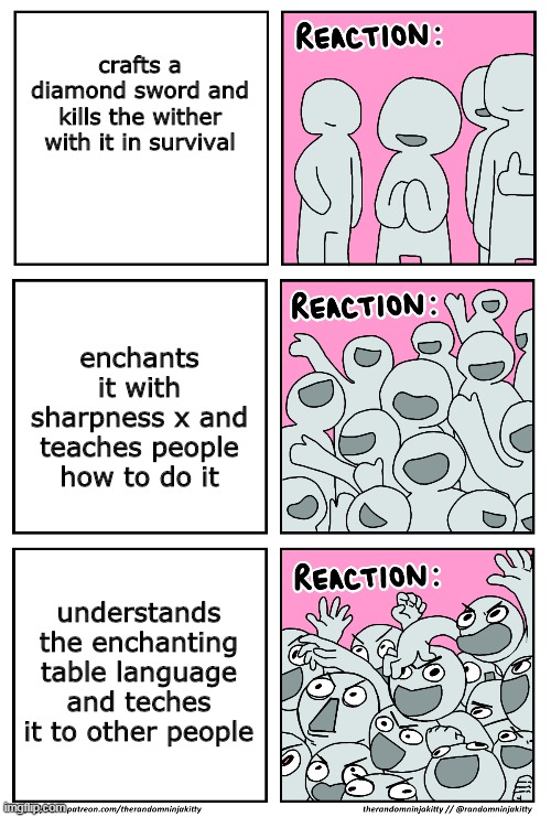 Minecraft Video Reaction Scale: | crafts a diamond sword and kills the wither with it in survival; enchants it with sharpness x and teaches people how to do it; understands the enchanting table language and teches it to other people | image tagged in minecraft,reaction,cheer | made w/ Imgflip meme maker