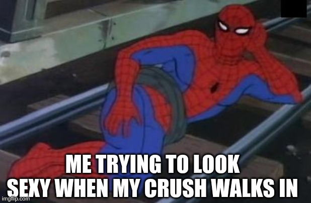 Sexy Railroad Spiderman | ME TRYING TO LOOK SEXY WHEN MY CRUSH WALKS IN | image tagged in memes,sexy railroad spiderman,spiderman | made w/ Imgflip meme maker