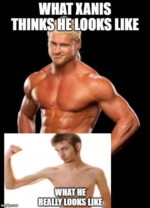 Dolph Ziggler Sells | WHAT XANIS THINKS HE LOOKS LIKE; WHAT HE REALLY LOOKS LIKE | image tagged in memes,dolph ziggler sells | made w/ Imgflip meme maker