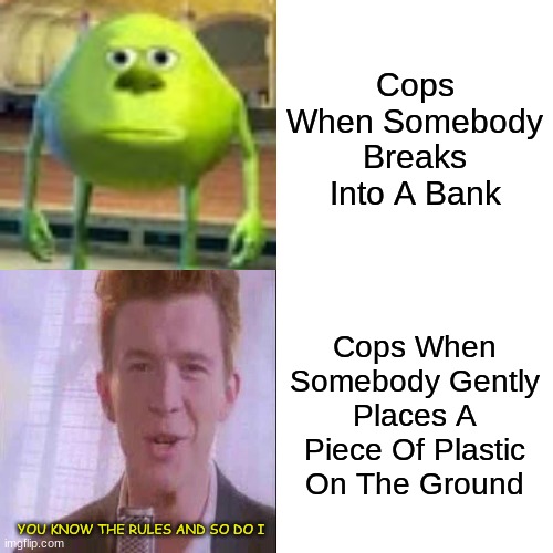 Rick Rolled | Cops When Somebody Breaks Into A Bank; Cops When Somebody Gently Places A Piece Of Plastic On The Ground; YOU KNOW THE RULES AND SO DO I | image tagged in funny memes | made w/ Imgflip meme maker