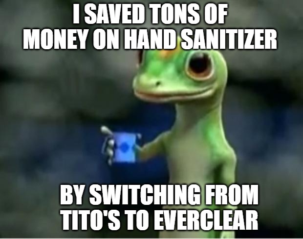 Geico Gecko | I SAVED TONS OF MONEY ON HAND SANITIZER; BY SWITCHING FROM TITO'S TO EVERCLEAR | image tagged in geico gecko | made w/ Imgflip meme maker