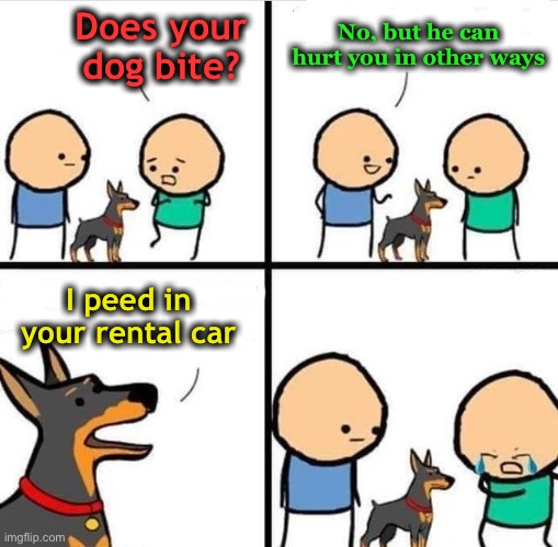 Dog Hurt Comic | Does your dog bite? No, but he can hurt you in other ways I peed in your rental car | image tagged in dog hurt comic | made w/ Imgflip meme maker