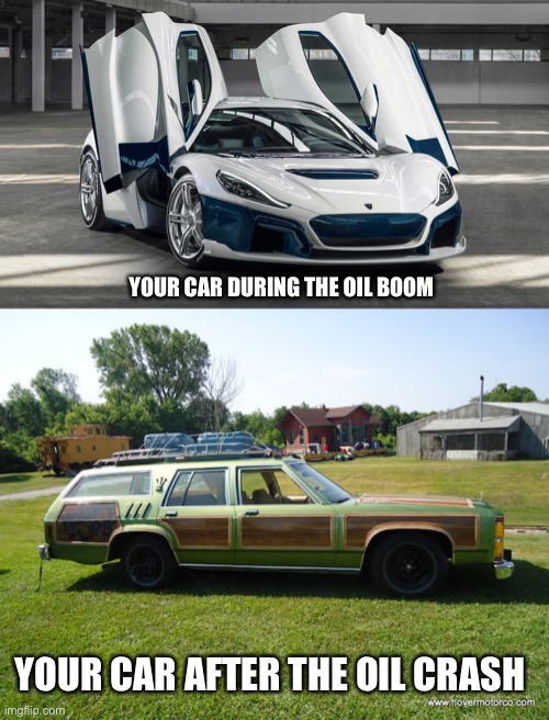 Better start downsizing | YOUR CAR DURING THE OIL BOOM; YOUR CAR AFTER THE OIL CRASH | image tagged in oil crash | made w/ Imgflip meme maker