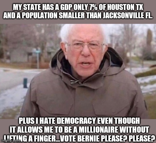 Bernie reminds me of those 50+  moms who dress like their 17 year old daughters....desperately trying to stay relevant. | MY STATE HAS A GDP ONLY 7% OF HOUSTON TX AND A POPULATION SMALLER THAN JACKSONVILLE FL. PLUS I HATE DEMOCRACY EVEN THOUGH IT ALLOWS ME TO BE A MILLIONAIRE WITHOUT LIFTING A FINGER...VOTE BERNIE PLEASE? PLEASE? | image tagged in once again bernie,out of ideas,political correctness | made w/ Imgflip meme maker