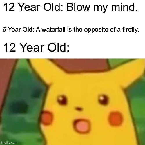 Surprised Pikachu Meme | 12 Year Old: Blow my mind. 6 Year Old: A waterfall is the opposite of a firefly. 12 Year Old: | image tagged in memes,surprised pikachu | made w/ Imgflip meme maker