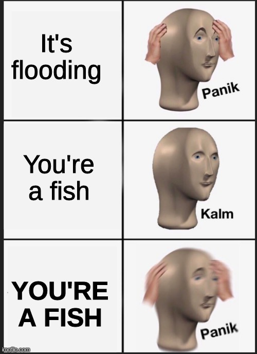 Panik Kalm Panik Meme | It's flooding; You're a fish; YOU'RE A FISH | image tagged in panik kalm | made w/ Imgflip meme maker