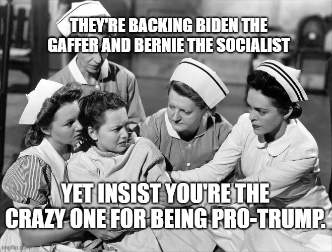 Crazy | THEY'RE BACKING BIDEN THE GAFFER AND BERNIE THE SOCIALIST; YET INSIST YOU'RE THE CRAZY ONE FOR BEING PRO-TRUMP. | image tagged in crazy | made w/ Imgflip meme maker