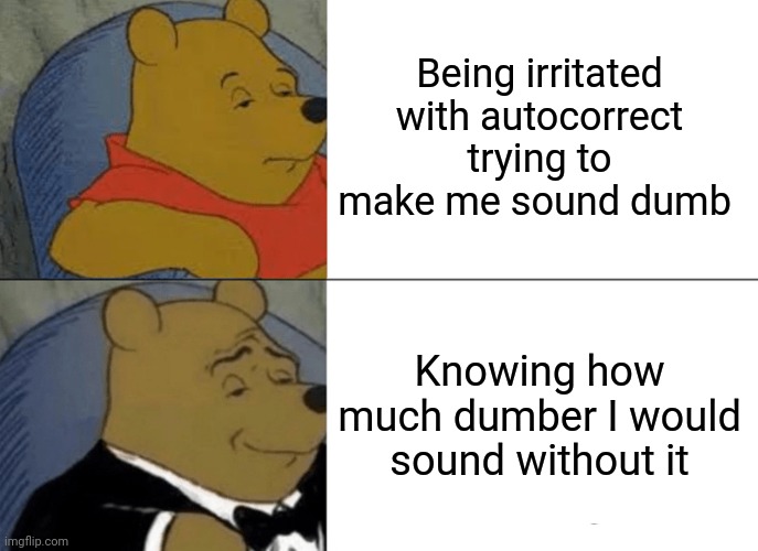 Tuxedo Winnie The Pooh | Being irritated with autocorrect trying to make me sound dumb; Knowing how much dumber I would sound without it | image tagged in memes,tuxedo winnie the pooh | made w/ Imgflip meme maker