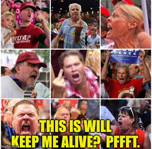Triggered Trump supporters | THIS IS WILL KEEP ME ALIVE?  PFFFT. | image tagged in triggered trump supporters | made w/ Imgflip meme maker