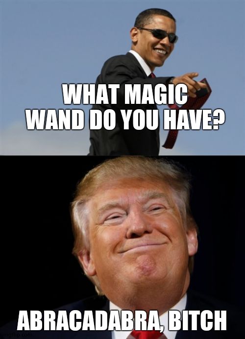 WHAT MAGIC WAND DO YOU HAVE? ABRACADABRA, B**CH | image tagged in memes,cool obama,smug trump | made w/ Imgflip meme maker