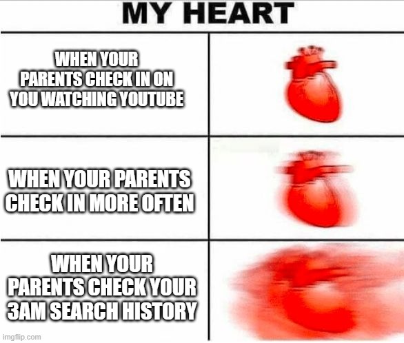 Heartbeat | WHEN YOUR PARENTS CHECK IN ON YOU WATCHING YOUTUBE; WHEN YOUR PARENTS CHECK IN MORE OFTEN; WHEN YOUR PARENTS CHECK YOUR 3AM SEARCH HISTORY | image tagged in heartbeat | made w/ Imgflip meme maker
