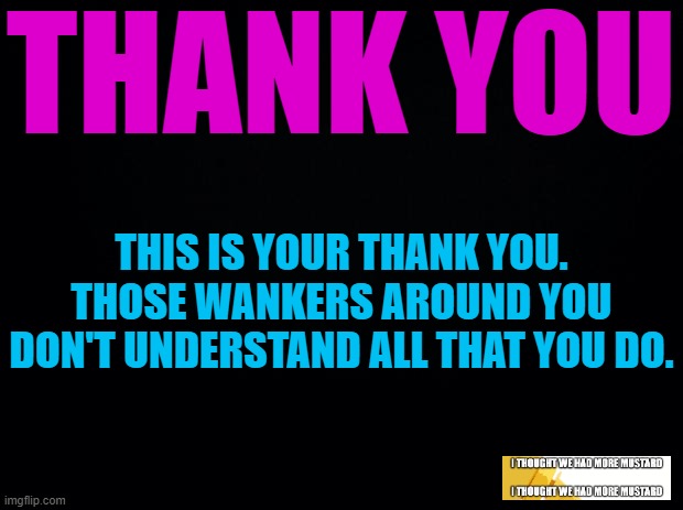 Thank You | THANK YOU; THIS IS YOUR THANK YOU. THOSE WANKERS AROUND YOU DON'T UNDERSTAND ALL THAT YOU DO. | image tagged in black background,thank you,thankful | made w/ Imgflip meme maker