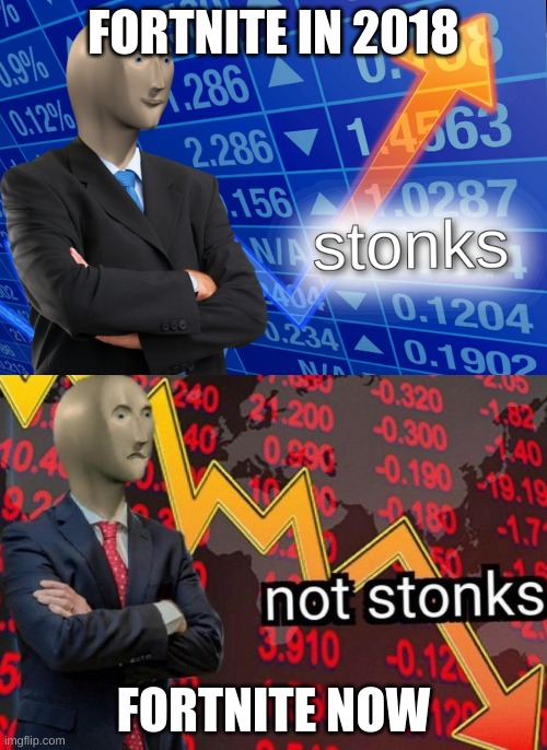 Stonks not stonks | FORTNITE IN 2018; FORTNITE NOW | image tagged in stonks not stonks | made w/ Imgflip meme maker