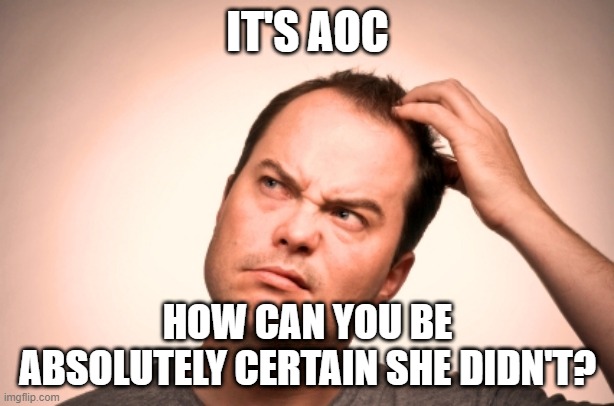 puzzled man | IT'S AOC HOW CAN YOU BE ABSOLUTELY CERTAIN SHE DIDN'T? | image tagged in puzzled man | made w/ Imgflip meme maker