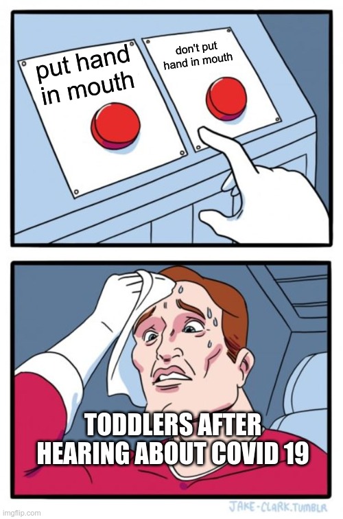 Two Buttons Meme | put hand in mouth don't put hand in mouth TODDLERS AFTER HEARING ABOUT COVID 19 | image tagged in memes,two buttons | made w/ Imgflip meme maker