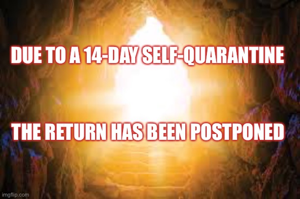 Due to a 14-day self-quarantine The Return has been postponed. | DUE TO A 14-DAY SELF-QUARANTINE; THE RETURN HAS BEEN POSTPONED | image tagged in israel,self-quarantine,coronavirus | made w/ Imgflip meme maker