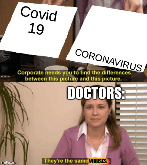 They're The Same Picture Meme | Covid 19; CORONAVIRUS; DOCTORS:; VIRUSES | image tagged in office same picture,memes | made w/ Imgflip meme maker