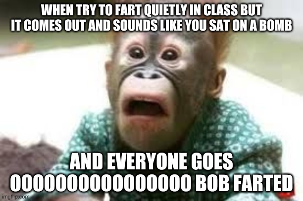 WHEN TRY TO FART QUIETLY IN CLASS BUT IT COMES OUT AND SOUNDS LIKE YOU SAT ON A BOMB; AND EVERYONE GOES OOOOOOOOOOOOOOOO BOB FARTED | made w/ Imgflip meme maker