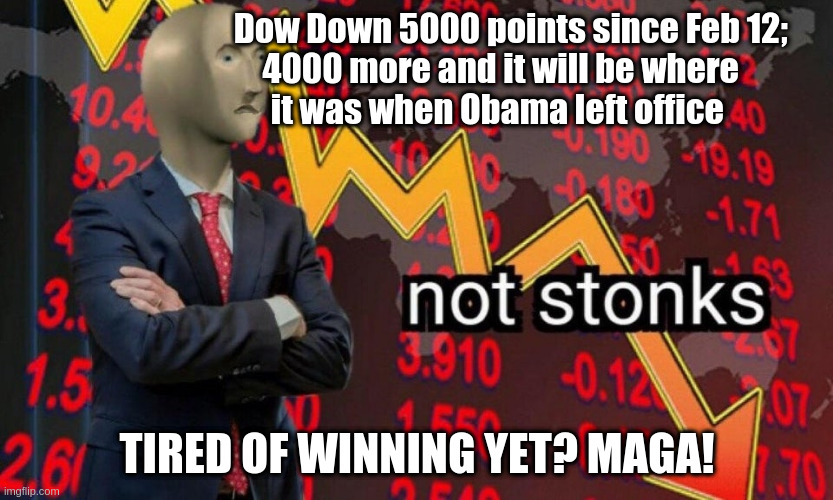 Donny's Dow | Dow Down 5000 points since Feb 12;
                         4000 more and it will be where
                        it was when Obama left office; TIRED OF WINNING YET? MAGA! | image tagged in not stonks,donald trump approves | made w/ Imgflip meme maker