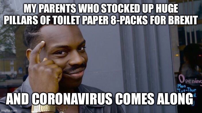 Roll Safe Think About It | MY PARENTS WHO STOCKED UP HUGE PILLARS OF TOILET PAPER 8-PACKS FOR BREXIT; AND CORONAVIRUS COMES ALONG | image tagged in memes,roll safe think about it | made w/ Imgflip meme maker