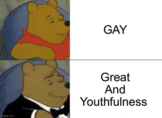 Tuxedo Winnie The Pooh | GAY; Great
And
Youthfulness | image tagged in memes,tuxedo winnie the pooh | made w/ Imgflip meme maker