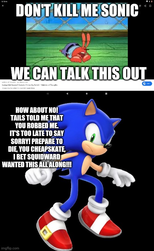 DON'T KILL ME SONIC WE CAN TALK THIS OUT HOW ABOUT NO! TAILS TOLD ME THAT YOU ROBBED ME. IT'S TOO LATE TO SAY SORRY! PREPARE TO DIE, YOU CHE | image tagged in slightly angry sonic,mr krabs on floor | made w/ Imgflip meme maker