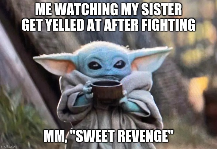 Baby Yoda man!!!!!! | ME WATCHING MY SISTER GET YELLED AT AFTER FIGHTING; MM, "SWEET REVENGE" | image tagged in baby yoda man | made w/ Imgflip meme maker