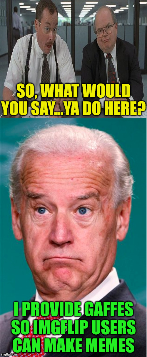 What would you say ya do here? | SO, WHAT WOULD YOU SAY...YA DO HERE? I PROVIDE GAFFES
SO IMGFLIP USERS
CAN MAKE MEMES | image tagged in joe biden,what do you do here,memes,office space,imgflip users,change my mind | made w/ Imgflip meme maker