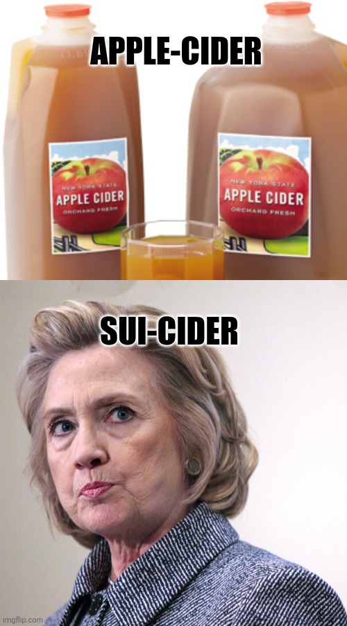 How Will It End? | APPLE-CIDER; SUI-CIDER | image tagged in hillary clinton pissed,apple cider | made w/ Imgflip meme maker