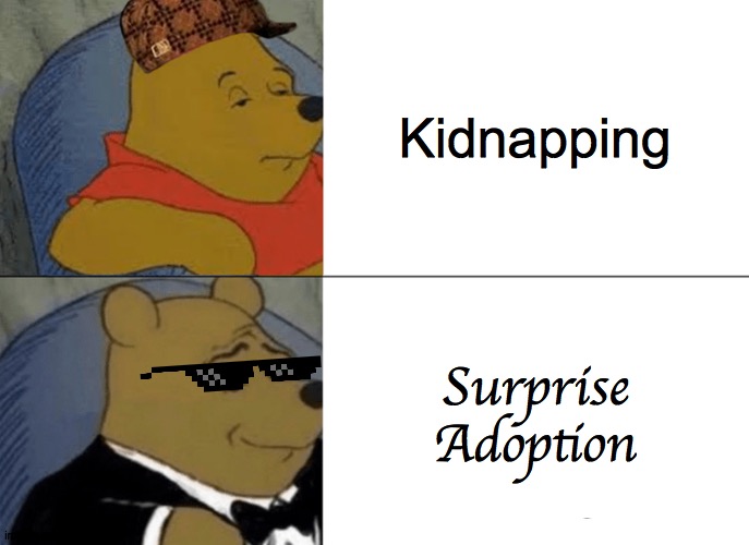 Tuxedo Winnie The Pooh | Kidnapping; Surprise Adoption | image tagged in memes,tuxedo winnie the pooh | made w/ Imgflip meme maker