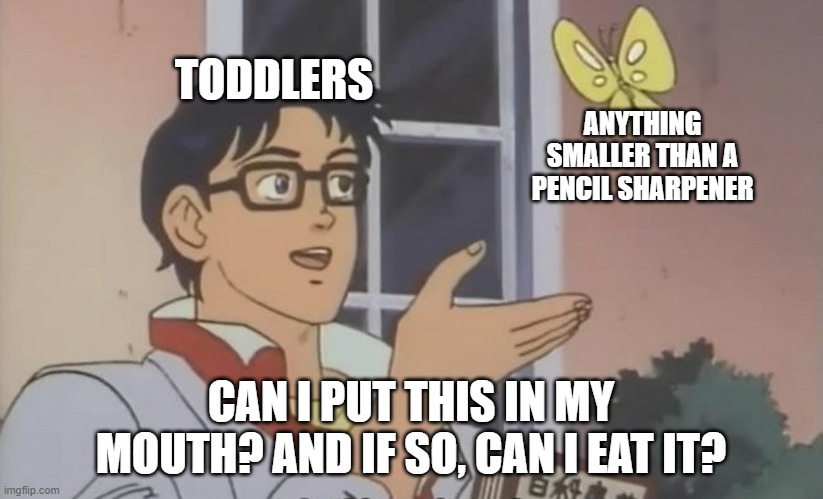 Is this a Pigeon? [blank] |  TODDLERS; ANYTHING SMALLER THAN A PENCIL SHARPENER; CAN I PUT THIS IN MY MOUTH? AND IF SO, CAN I EAT IT? | image tagged in is this a pigeon blank | made w/ Imgflip meme maker