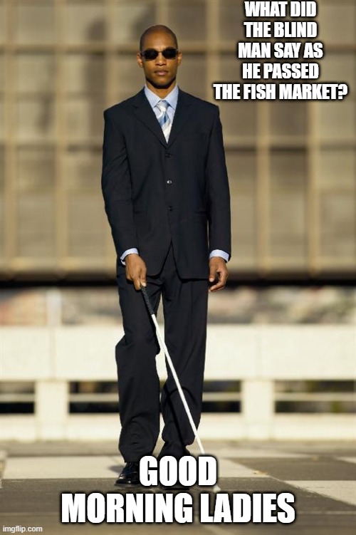 That Smell | WHAT DID THE BLIND MAN SAY AS HE PASSED THE FISH MARKET? GOOD MORNING LADIES | image tagged in blind man | made w/ Imgflip meme maker