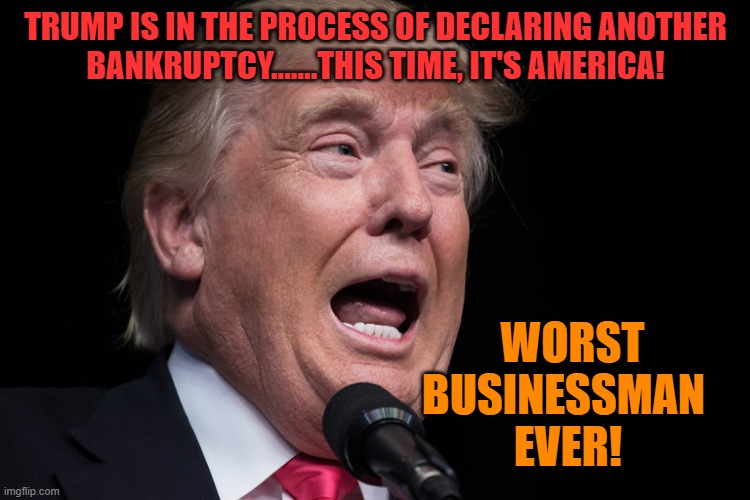Worst businessman 
ever! | TRUMP IS IN THE PROCESS OF DECLARING ANOTHER
BANKRUPTCY.......THIS TIME, IT'S AMERICA! WORST BUSINESSMAN 
EVER! | image tagged in donald trump | made w/ Imgflip meme maker
