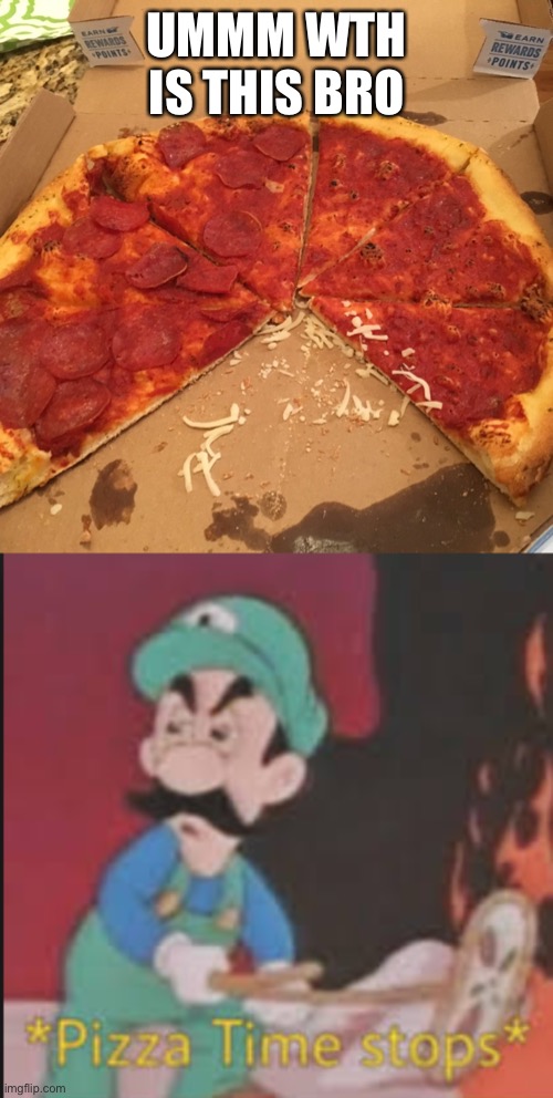 UMMM WTH IS THIS BRO | image tagged in pizza time stops | made w/ Imgflip meme maker
