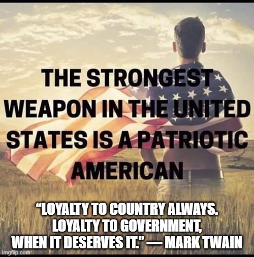 Patriots | “LOYALTY TO COUNTRY ALWAYS. LOYALTY TO GOVERNMENT, WHEN IT DESERVES IT.” ― MARK TWAIN | image tagged in patriotism,fidelity,constitution | made w/ Imgflip meme maker