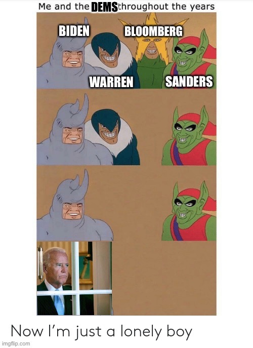 Sad conclusion to the most diverse and ideologically interesting Democratic primary race we’ve ever had | image tagged in primary,democratic party,2020 elections,election 2020,joe biden,bernie sanders | made w/ Imgflip meme maker